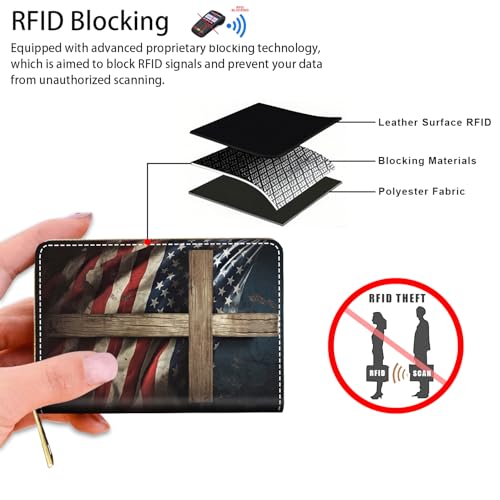 Credit Card Holder Wallets for Women, Small RFID Wallet Slim Leather Card Organizer Case with Zipper, American Flag Holy Cross3