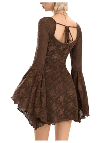 Image of WDIRARA Women's Floral Jacquard Gothic Bell Long Sleeve Dress | Mesh , A Line, Vintage