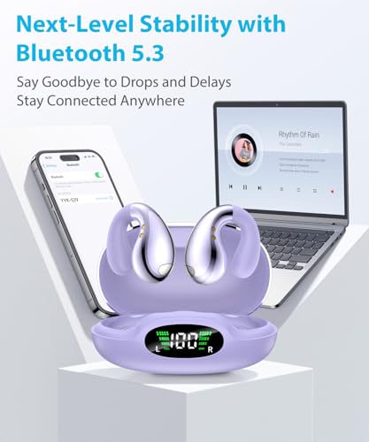 Image of Boytond Ultra Open Ear Earbuds - Comfortable Clip-on Bone Conduction Headphones, Wireless Bluetooth Earphones with Waterproof Design, Over Ear Buds for Running and Sports, Simple Purple