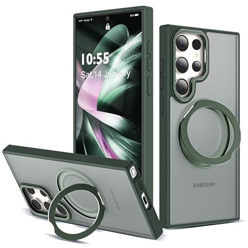 Image of Compatible with Samsung Galaxy S22 & S23 Ultra Case with 360Rotatable Magnetic Ring Stand Compatible with Mag-Safe Military Protection Shockproof Translucent Phone Case,Dark Green