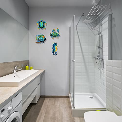 Meduofon Set of 4 Metal Outdoor Wall Art Decor, Blue Turtle Fish Crab and Seahorse Suitable for Beach Ocean Pool Decor, Metal Yard Fence Garden Children Room Bathroom Livingroom Wall Decoration