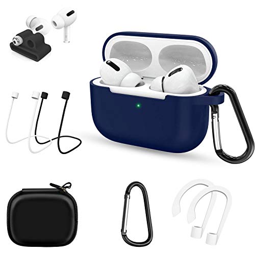 AUNEK AirPods Pro Case, 7 in 1 Chokabsorberende Protective Silicone Cover, Voorkant LED Zichtbaar Draadloos Opladen Airpods pro Hoesje met Karabijnhaak, Oorhaak, iWatch Bandhouder, Opbergtas