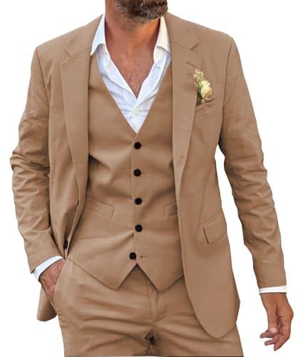 SHUZHXLZANGY Men's 3 Piece Summer Linen Suits for Men Slim Fit Casual Suit for Beach Wedding Suits Prom Suits Formal Business