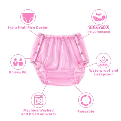 Image of LittleForBig Button-On Washable Reusable Waterproof Adult Plastic Pants TPU Pull-On Diaper Cover - Dolly Pink Plastic Pants Diaper Cover XXL