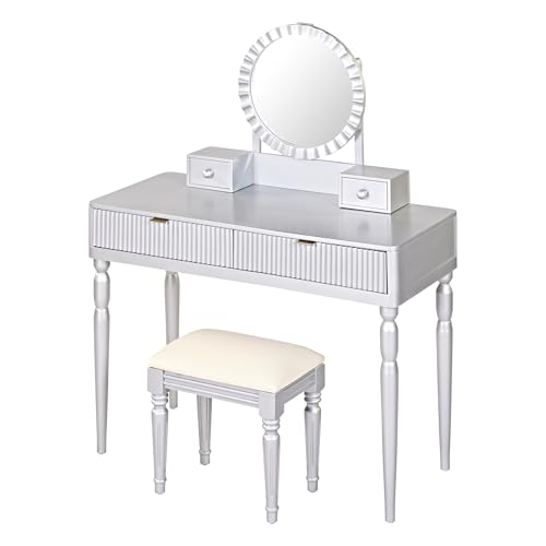 Image of JIVOIT Vanity Desk with Round Mirror, Height-Adjustable, Luxury Vanity Set with Stool, Comfortable Seating, Stylish Dressing Table Set with 4 Drawers & Spacious Tabletop (Silver /268)