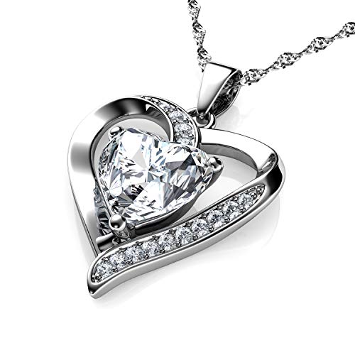 DEPHINI - White Heart Necklace - 925 Sterling Silver - Branded A+ Cubic Zirconia Crystal Pendant Birthstone - Fine Jewellery Love - 18