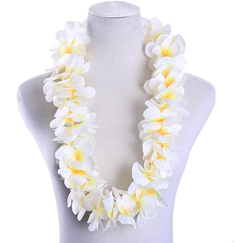 ONEPTY 6PCS Hawaiian Flower Leis Tropical Luau Party Supplies of Hula Garland Necklaces,Hawaiian Leis Floral Necklace for Beach Theme Hula Dance Luau Celebrations Wedding Party Decor (White,6)