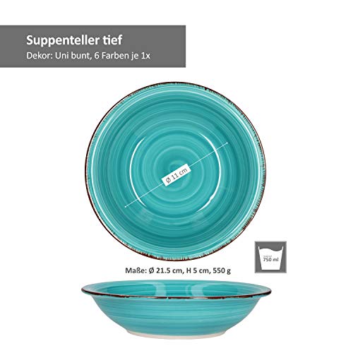 MamboCat 6X Suppen-Teller Uni bunt I Steingut-Geschirr 6 Personen - Teller-Set farbenfrohes Design I Tiefe Teller modern I Speiseteller I Essteller I Tafelzubehör I Teller tief 750 ml