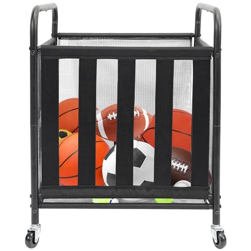 STO STO Rolling Sports Ball Storage Cart, Lockable Basketball Cage with Elastic Straps, Sport...