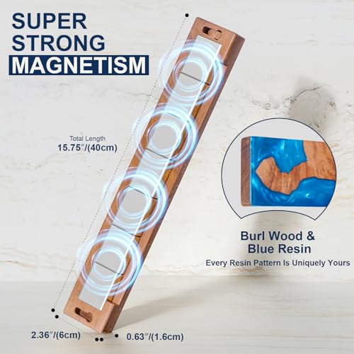 ENOKING Magnetic Knife Holder for Wall 40cm, Acacia Burl Wood & Blue Resin Magnetic Knife Strip Bar, Powerful Magnet Kitchen Knife Storage Rack, Space-Saving Wall Mounted Organizer - Image 3