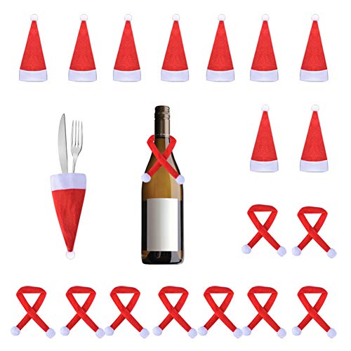WXJ13 10 Pack Mini Christmas Santa Claus Hat and 10 Pack Mini Christmas Scarf for Christmas Silverware Holders, Candy Covers, Wine Bottle Decorations, Set of 20