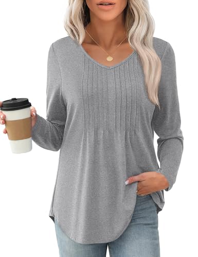 JUSTFASHIONNOW Shirts for Women Trendy Long Sleeve Tops Dressy Blouses Pleated Maternity V Neck Shirt Tunics Early Fall Fashion Winter Clothes (Gray, Large) — view 4