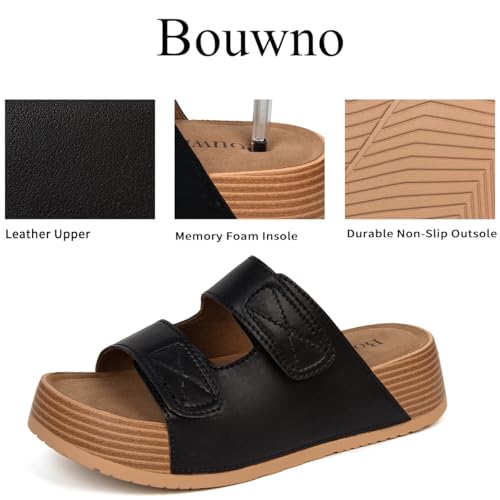 Image of Platform Sandals Women Genuine Leather Slip-on Beach Slide Buckle Comfortable Sandals with Memory Foam Soft Lining and Open Toe Low Wedges