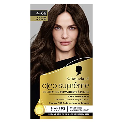 Schwarzkopf Oléo Supreme – Chocolate – 4-86 – Tinte permanente con aceite – Sin amoniaco – Intensidad de color de larga duración – Cubre 100% canas – Sistema Haptiq System