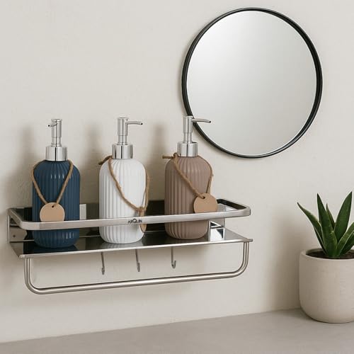 Image of ARQUIN Bathroom Shelf Multipurpose Wall Shelf Stainless Steel I Wall Mount Bathroom Storage Organizer | Towel Hook Racks and Shelves I Bathroom Accessories Set Shelves Silver 15x5 Inch