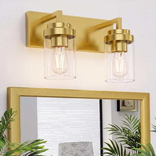 Image of Bathroom Vanity Fixtures, 2 Light Matte Gold Vanity Light with Clear Glass Shade, 15in Farmhouse wall Light, Lighting Fixture Over Mirror for Bathroom