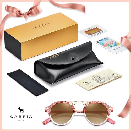 Image of CARFIA Small Face Acetate Polarized Sunglasses for Women UV Protection, Retro Double Bridge Eyewears Metal Brow Round Sunnies