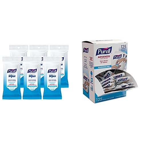 Purell Hand Sanitizing Wipes, Clean Refreshing Scent, 20 Count Travel Pack (Pack of 6) & SINGLES Advanced Hand Sanitizer Gel, Fragrance Free, 125 Count Single-Use Travel Size Packets - 9620-12-125EC