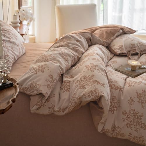 VM VOUGEMARKET Monet Flower Duvet Cover King 3 Pieces Retro Jacquard Floral Bedding Set,Linen Cotton Yarn-Dyed Textured Comforter Cover with Bowknot-104 x90,Pumpkin