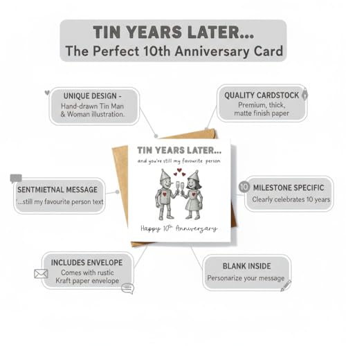 Funny Cute 10th Wedding Anniversary Card with Envelope for Him/Her, Happy Tin Anniversary 10 Year Wedding Anniversary Card Gifts for Husband Wife Couple Partner, Unique Tin Anniversary Design