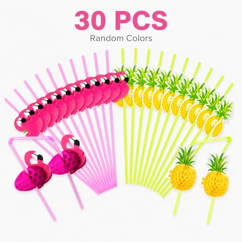 30 pitillos tropicales flamenco y piña flexibles miniatura 2