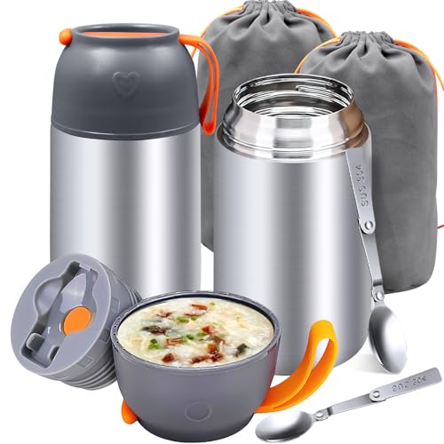 2 Pack Insulated Food flasks for Kids, 650 ml Thermal Soup Container, Stainless Steel Vacuum Hot Food Lunch Jar with Foldable Spoon Bag for School Office Outdoor