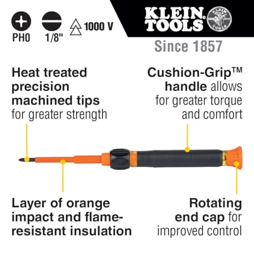 Klein Tools 32581INS Precision Screwdriver, 2-in-1 Insulated Screwdriver with No. 0 Phillips and 1/8-Inch Slotted Bits - Image 3