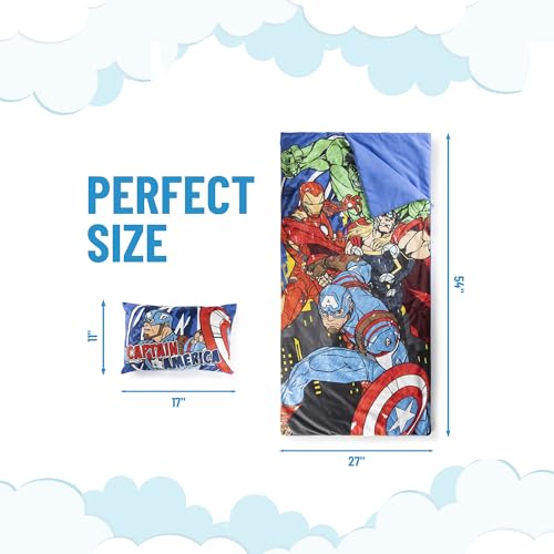 Image of Jay Franco Kids Slumber Bag and Pillow - 54 x 27 Inch Comfy Indoor Sleeping Bag for School and Sleepovers, 2 Piece Set, Blue - Avengers