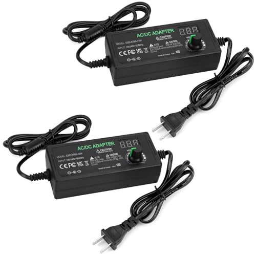 QWORK 3V-12V 5A 60W Universal Power Supply, 100V-240V AC to DC Converter, Switching Power Supply with LED Display, AC/DC Adapter, Compatible with 5.5x2.5mm & 5.5x2.1mm Plugs, 2 Pack