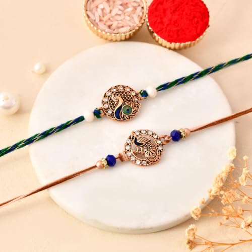 Image of CraftVatika Kundan Rakhi Set for Brother Set of 2, Designer Peacock Rakhi for Brother Boy Men, Premium Kalash Raki for Bhaiya, Traditional Rakshabandhan Rakhis with Best Wishes Card and Tillak Set