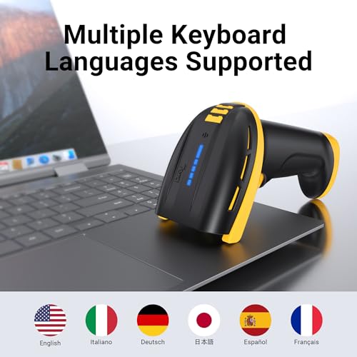 Image of Tera Pro Barcode Scanner with Power Switch Battery Level Indicator 4400mAh Replaceable Battery Wall Mountable Stand 1D 2D QR Works with Bluetooth 2.4G Wireless USB Wired Bar Code Reader D6100 Yellow
