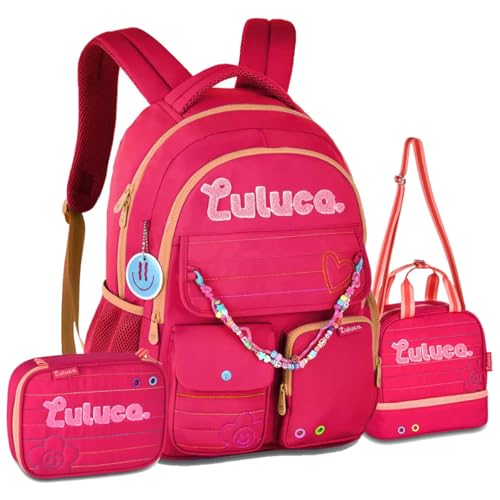 Kit Mochila Escolar Luluca com Estojo, Lancheira e Garrafa, Rosa Bordada