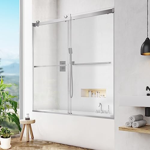 Shower Bathtub Double Sliding Swing Door, Framed Tempered Glass Shower Doors 56”-60”W*58”H Bathroom Screen,5/16“ Clear Glass Bypass Deluxe Shower Door With Handles Chrome Silver Finish #TOP18