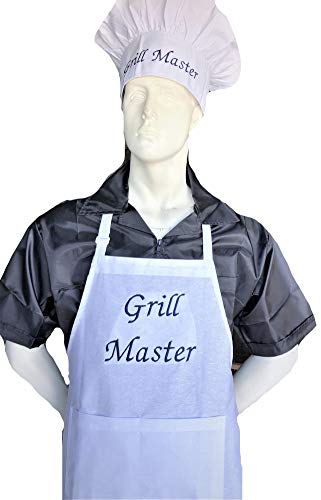 CHEFSKIN Beautiful Grill Master Chef Apron + Hat Professional Gift White/Navy BBQ