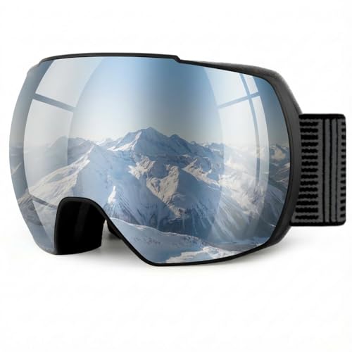 OULAIQI Gafas de esquí OTG UV400 con protección antivaho, esquí, patinaje, snowboard, snowboard, para hombres, mujeres y jóvenes (negro-plateado)
