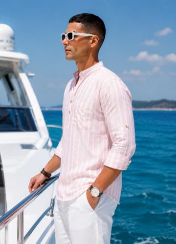 Image of Majestic Man Men's Pure Cotton Striped Mandarin Collar Regular Fit Roll-Up Sleeves Short Kurta