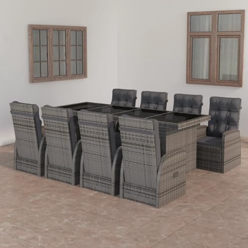 IKAYAA Rattan Garten Essgruppe 10 Personen, Rattan Gartenmöbel 10 Personen, Gartenmöbel Set mit Tisch und 10 Verstellbare Hochlehner Stühlen, Garten Sitzgruppe 10 Personen Terassenmöbel außen,Grau