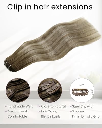 Image of LaaVoo Human Hair Clip in Extensions Balayage Blonde, 5pcs 16inch | Real Hair Extensions Clip on for Quick Volume, Straight, Soft, Light Brown to Blonde Ombre, 80g