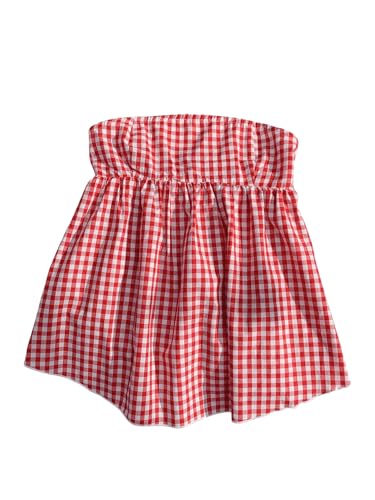 OYOANGLE Women's Plaid Print Bandeau Top Strapless Ruffle Flowy Hem Cute Peplum Tube Tops