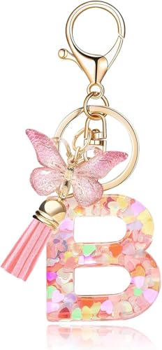 Image of GEOCARTER Lightweight Fashion Initial Letter Key Ring with Butterfly Pendant & Tassel, Stylish Purse Charm for Handbags, Car Keys, Gifts for Girls & Women