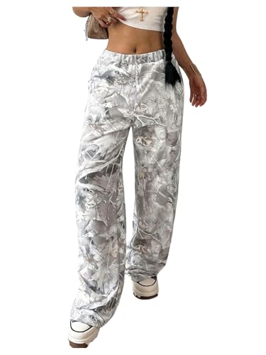 Girl's Camo Graphic Branch Sweatpants Wide Leg Elastic Waist Trousers Pants with Pockets Streetwear