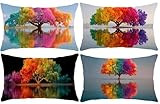4er Set Farbige Bäume Kissenbezug 40 x 80 cm - Rechteckig Kissenbezügen Samt Lenden Kissen für Frühling Sommer - Dekorative Bauernhaus Dekokissen für Sofa Couch Schlafzimmer Kissenhülle, Geschenke p79