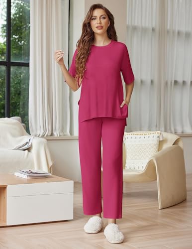 Image of Ekouaer Lounge Sets for Women Short Sleeve Tops and Long Pants Soft Comfy Pajamas Set 2 Piece Outfits