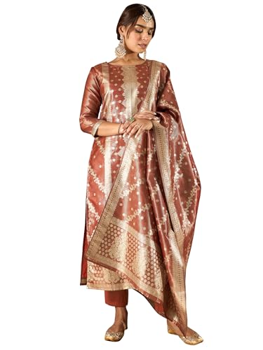 Image of INDO ERA Women's Purple Silk Blend Woven Design Straight Kurta and Pant with Dupatta Set (IESTR5599)