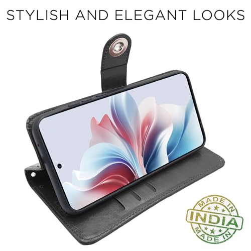 Image of Pikkme Oppo F25 Pro 5G Flip Cover Leather Finish | Inside TPU with Card Pockets | Wallet Stand and Shock Proof | Complete Protection Button Flip Case (Black)
