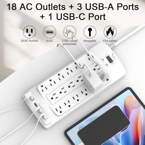 Image of 18 Outlets Surge Protector Power Strip - Nuetsa 10 Feet Flat Plug Heavy Duty Extension Cord with 18 Widely Outlets and 4 USB Ports, 2100 Joules, White, ETL Listed