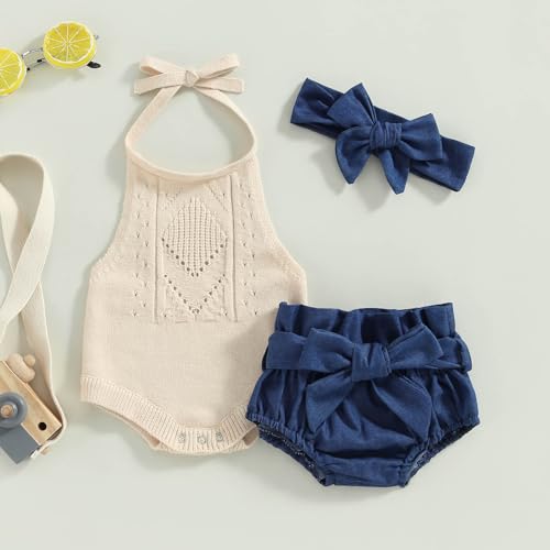 TheFound Toddler Baby Girl Summer Outfit Solid Color Tie-Up Halter Neck Knit Sweater Romper Denim Short Headband 3Pcs Clothes (Blue, 18-24 Months) — view 2