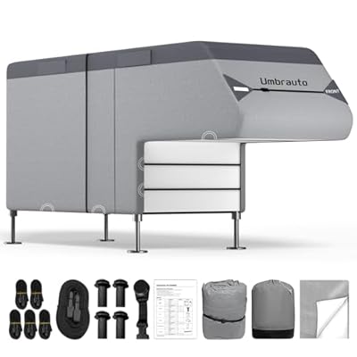 Umbrauto Truck Camper Cover, Anti-Tear 7 Layer Top RV Cover Fits 8-10FT Slide-in Campers, All Season Protection Motorhome RV Truck Camper Covers with Gutter Cover, Windproof Strap