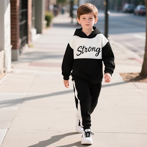 Image of Kids Boys Clothes Color Blocking Hoodie Sweatshirts and Pant 2Pcs Fall Outfits Set Size 5-10