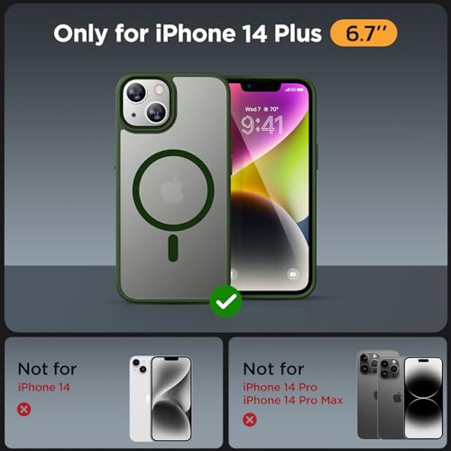 Image of Miracase Magnetic for iPhone 14 Plus Case 6.7 inch (Compatible with MagSafe)(with 2X Screen Protectors) Military-Grade Protection, Anti-Fingerprint Translucent Matte Phone Case Cover, Dark Green